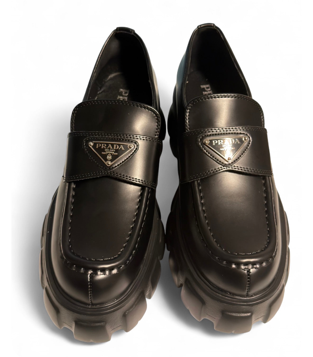 PRADA MONOLITH BRISHED LEATHER LOAFERS