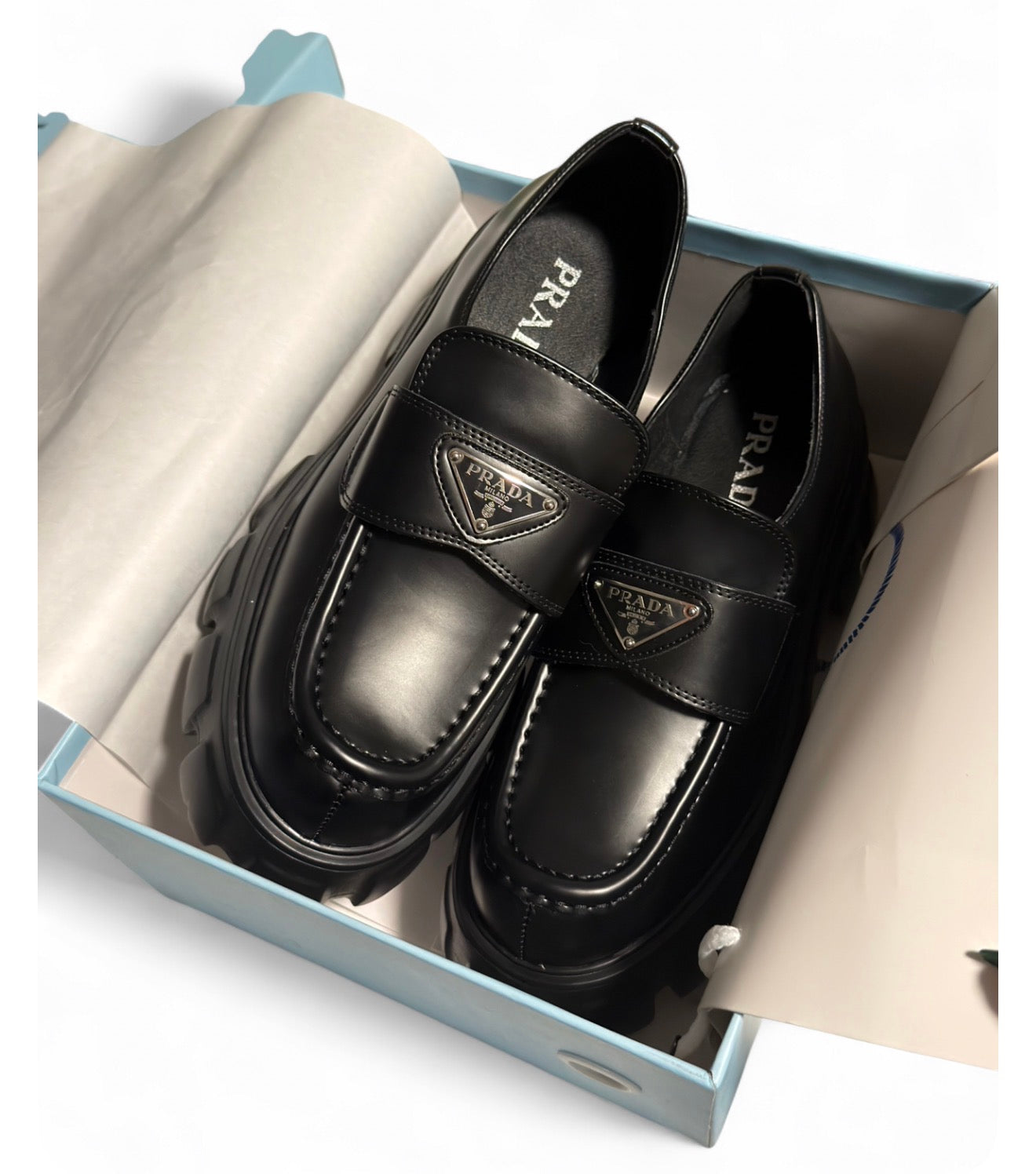 PRADA MONOLITH BRISHED LEATHER LOAFERS