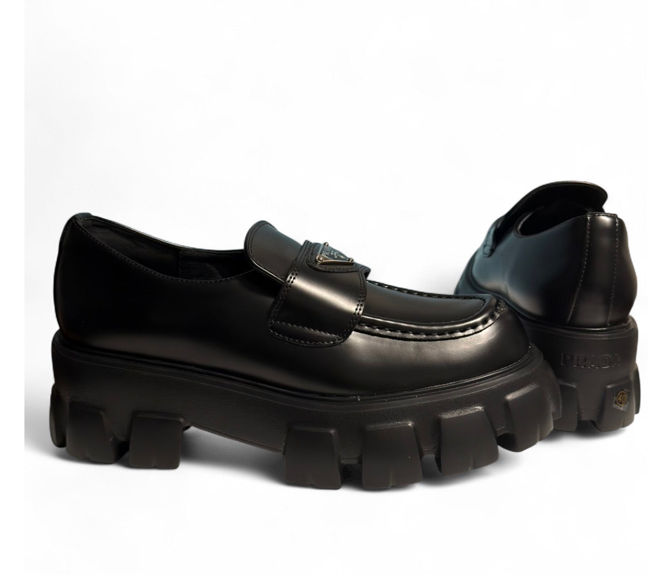 PRADA MONOLITH BRISHED LEATHER LOAFERS